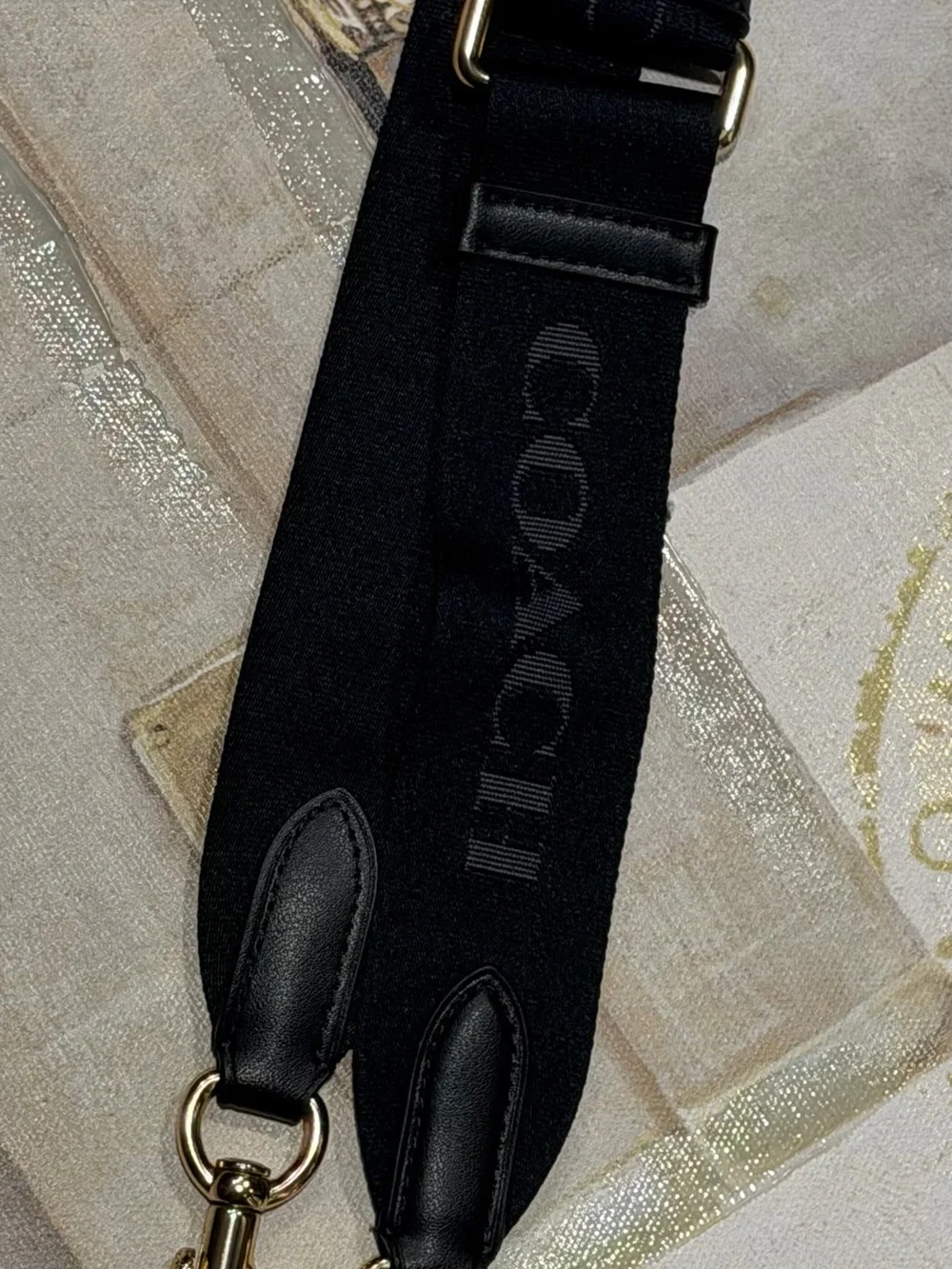 Coach Black Adjustable Logo Strap with Gold Hardware